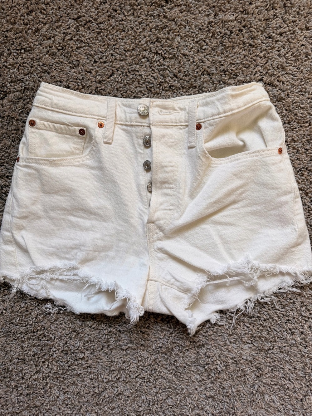 Levi's White High-Rise Frayed Denim Shorts